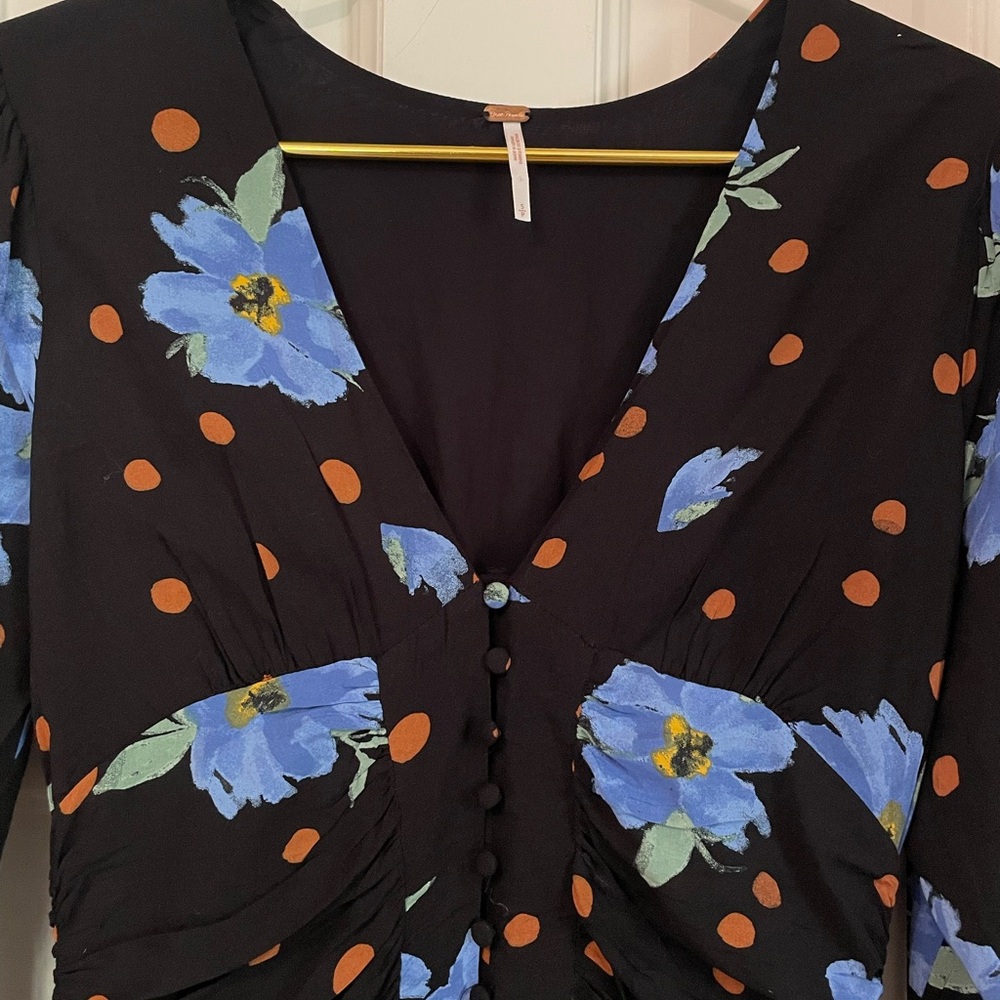 FREE PEOPLE Date Night Mini Black Floral Polka Dot Moonlight Dress. Size Small - Picture 7 of 13